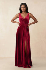 V - Neck Ruched A - Line Velvet Bridesmaid Dress in Ruby Red - KISS BRIDAL Bridesmaid Dresses
