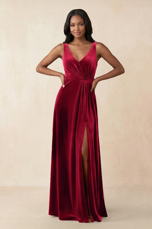 V - Neck Ruched A - Line Velvet Bridesmaid Dress in Ruby Red - SHE IS ME Bridesmaid Dresses