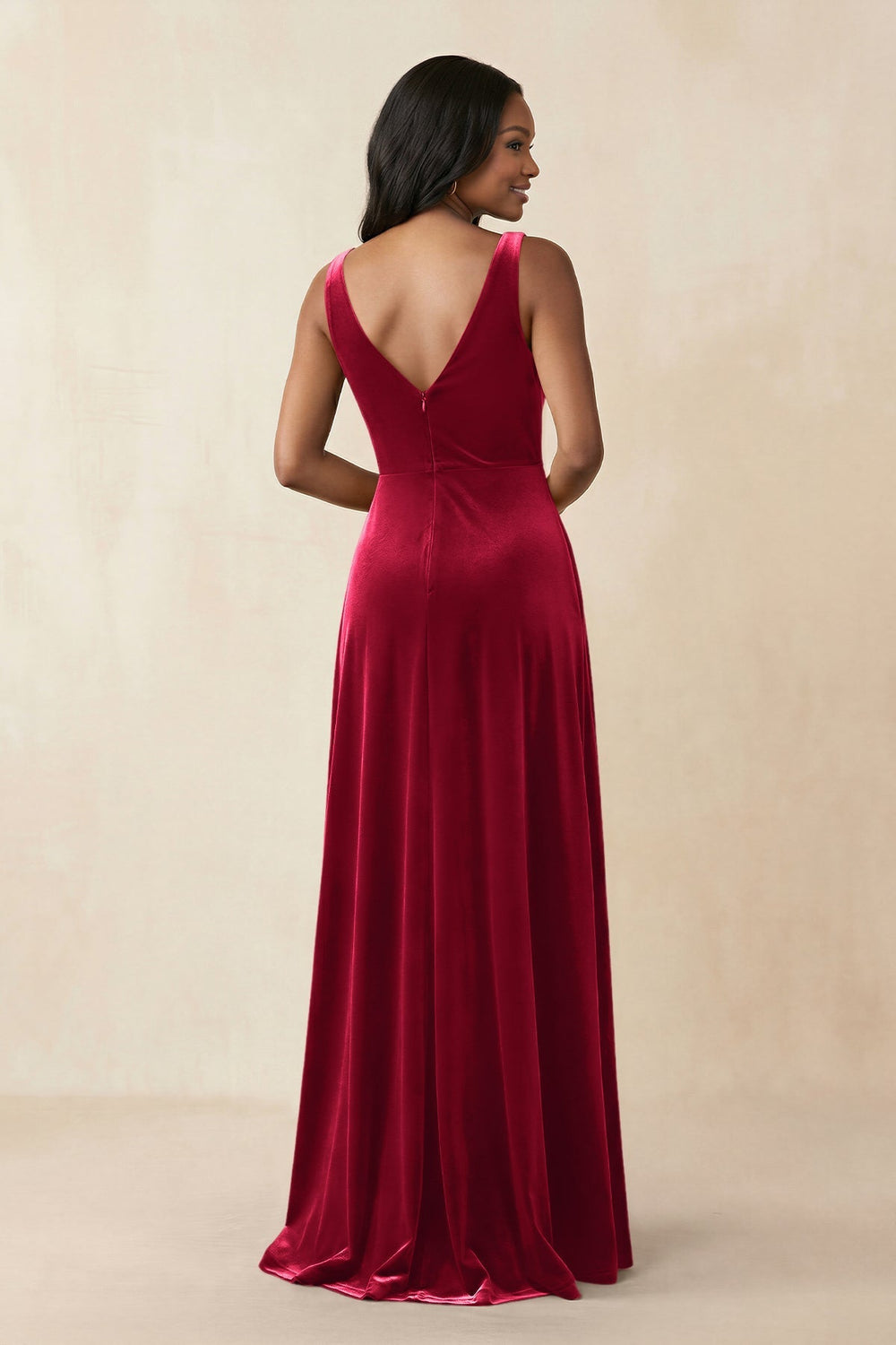 V - Neck Ruched A - Line Velvet Bridesmaid Dress in Ruby Red - KISS BRIDAL Bridesmaid Dresses