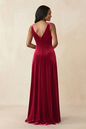 V - Neck Ruched A - Line Velvet Bridesmaid Dress in Ruby Red - SHE IS ME Bridesmaid Dresses