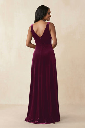 V - Neck Ruched A - Line Velvet Bridesmaid Dress in Sangria - KISS BRIDAL Bridesmaid Dresses