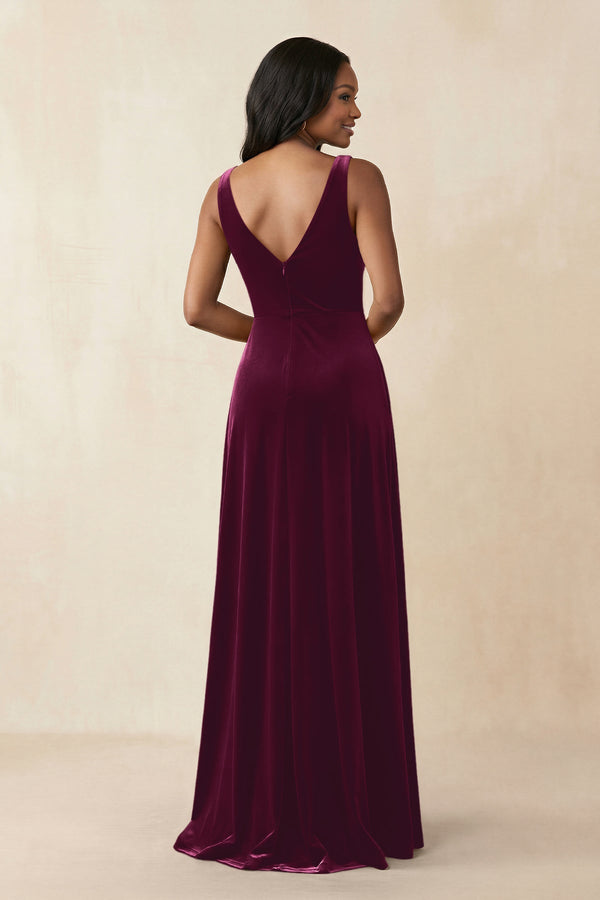 V - Neck Ruched A - Line Velvet Bridesmaid Dress in Sangria - KISS BRIDAL Bridesmaid Dresses