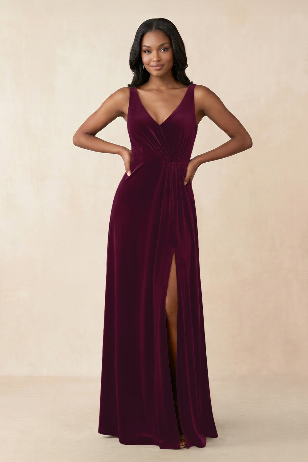 V - Neck Ruched A - Line Velvet Bridesmaid Dress in Sangria - KISS BRIDAL Bridesmaid Dresses
