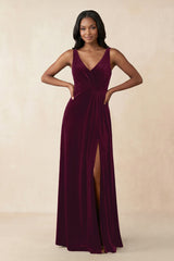 V - Neck Ruched A - Line Velvet Bridesmaid Dress in Sangria - KISS BRIDAL Bridesmaid Dresses
