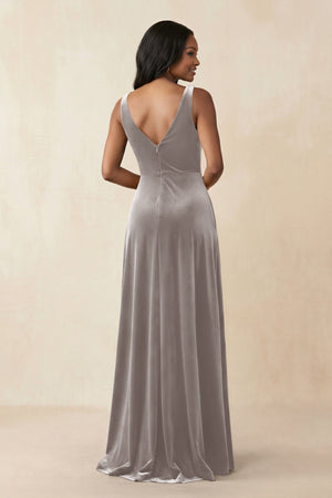 V - Neck Ruched A - Line Velvet Bridesmaid Dress in Silver - KISS BRIDAL Bridesmaid Dresses