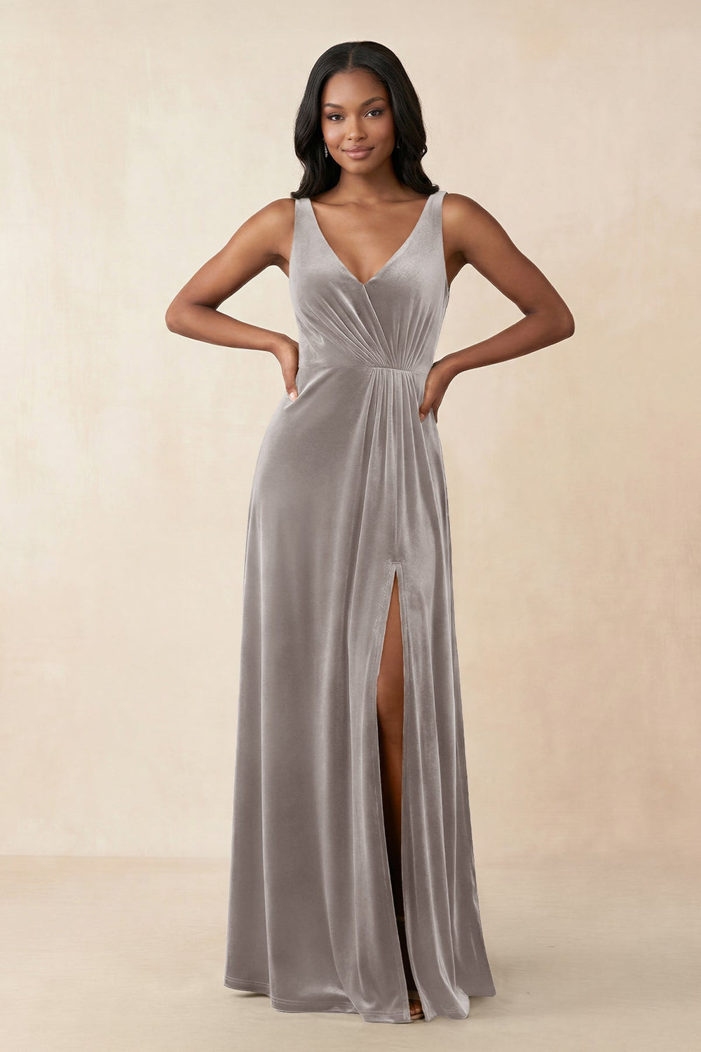 V - Neck Ruched A - Line Velvet Bridesmaid Dress in Silver - KISS BRIDAL Bridesmaid Dresses