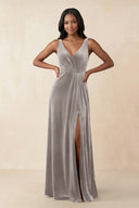 V - Neck Ruched A - Line Velvet Bridesmaid Dress in Silver - KISS BRIDAL Bridesmaid Dresses