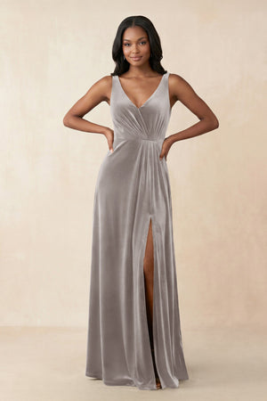 V - Neck Ruched A - Line Velvet Bridesmaid Dress in Silver - KISS BRIDAL Bridesmaid Dresses