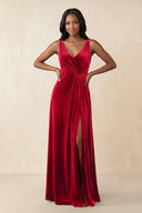 V - Neck Ruched A - Line Velvet Bridesmaid Dress in Spice - KISS BRIDAL Bridesmaid Dresses