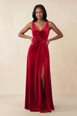 V - Neck Ruched A - Line Velvet Bridesmaid Dress in Spice - KISS BRIDAL Bridesmaid Dresses