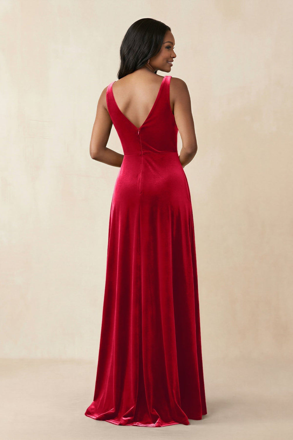 V - Neck Ruched A - Line Velvet Bridesmaid Dress in Spice - KISS BRIDAL Bridesmaid Dresses