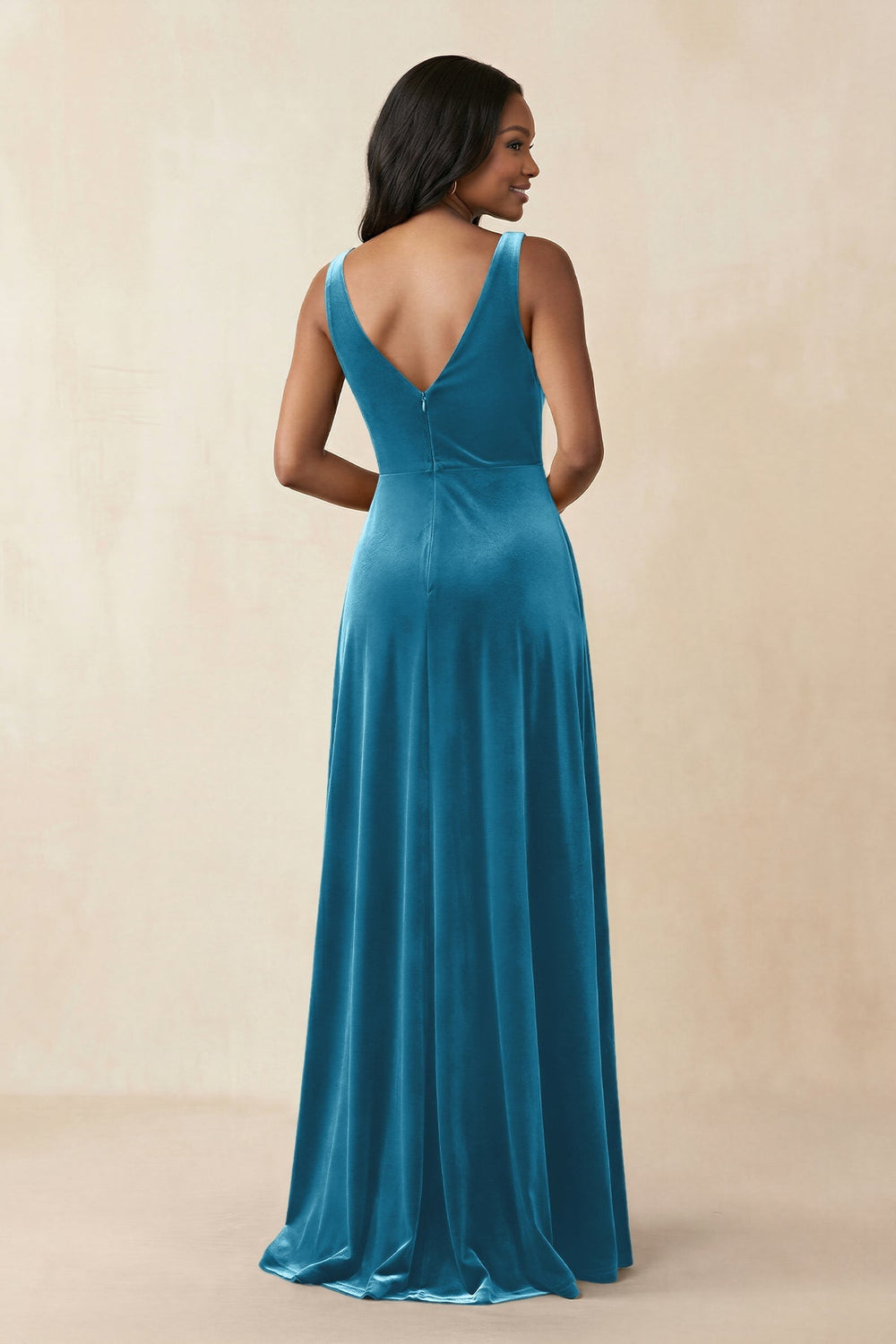 V - Neck Ruched A - Line Velvet Bridesmaid Dress in Steel Blue - KISS BRIDAL Bridesmaid Dresses