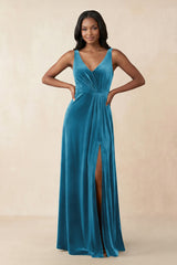 V - Neck Ruched A - Line Velvet Bridesmaid Dress in Steel Blue - KISS BRIDAL Bridesmaid Dresses