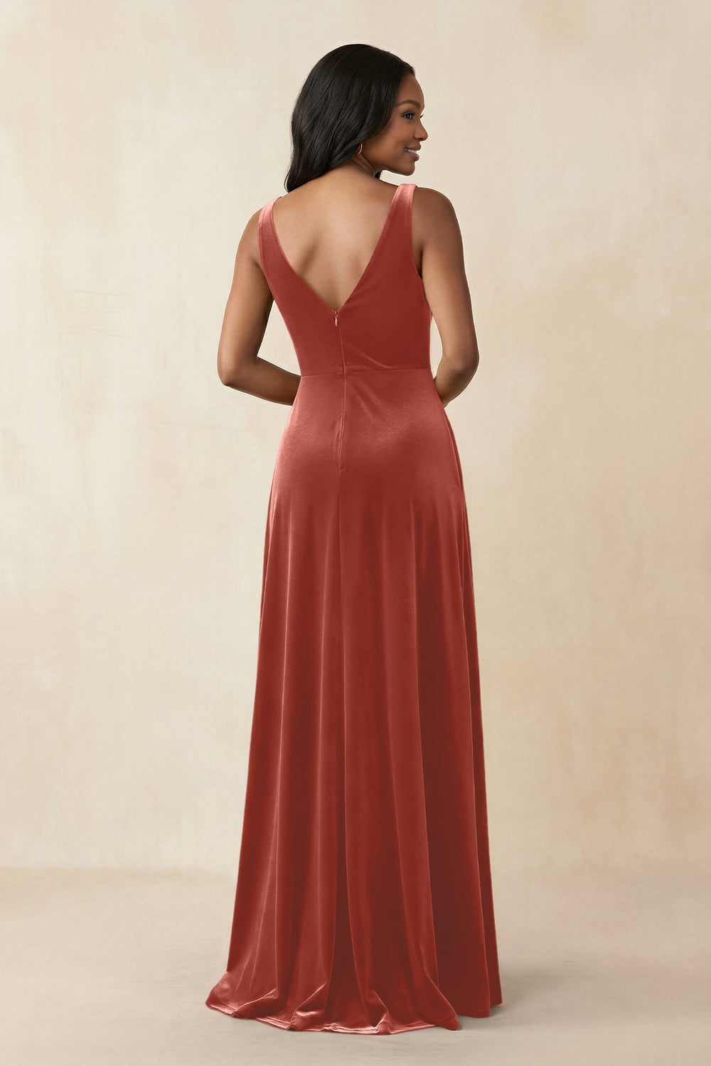V - Neck Ruched A - Line Velvet Bridesmaid Dress in Terracotta - KISS BRIDAL Bridesmaid Dresses