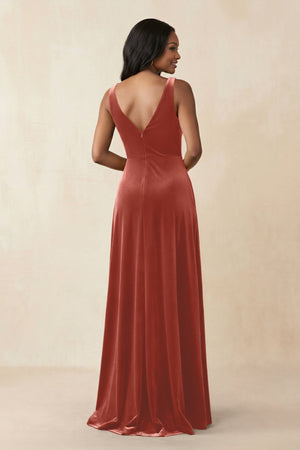 V - Neck Ruched A - Line Velvet Bridesmaid Dress in Terracotta - KISS BRIDAL Bridesmaid Dresses