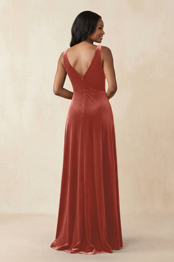 V - Neck Ruched A - Line Velvet Bridesmaid Dress in Terracotta - KISS BRIDAL Bridesmaid Dresses