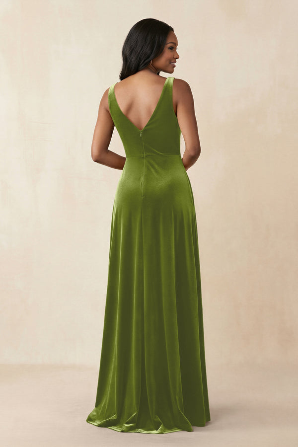 V - Neck Ruched A - Line Velvet Bridesmaid Dress in Thyme - KISS BRIDAL Bridesmaid Dresses