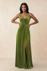 V - Neck Ruched A - Line Velvet Bridesmaid Dress in Thyme - KISS BRIDAL Bridesmaid Dresses