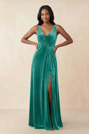 V - Neck Ruched A - Line Velvet Bridesmaid Dress in Turquoise - KISS BRIDAL Bridesmaid Dresses