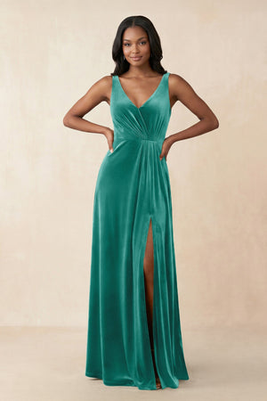 V - Neck Ruched A - Line Velvet Bridesmaid Dress in Turquoise - KISS BRIDAL Bridesmaid Dresses