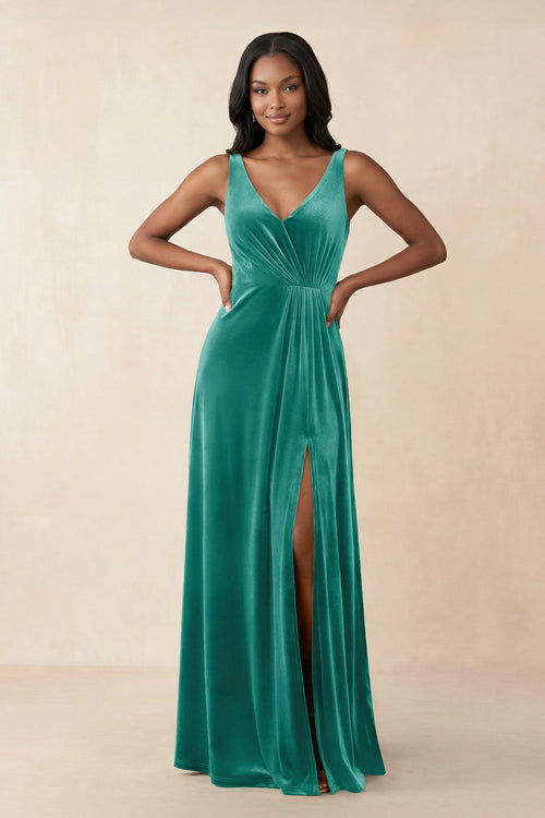 V - Neck Ruched A - Line Velvet Bridesmaid Dress in Turquoise - KISS BRIDAL Bridesmaid Dresses