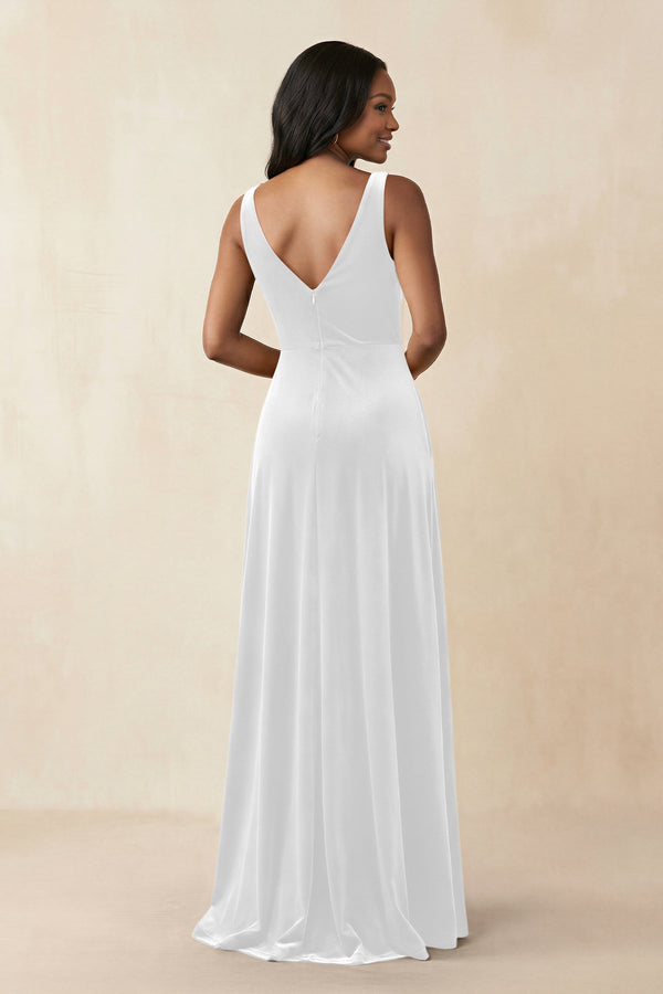 V - Neck Ruched A - Line Velvet Bridesmaid Dress in White - KISS BRIDAL Bridesmaid Dresses