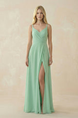 V-Neck Ruched Chiffon Bridesmaid Dress with Slit in Pale Pistachio - KISS BRIDAL BRIDESMAID DRESSES