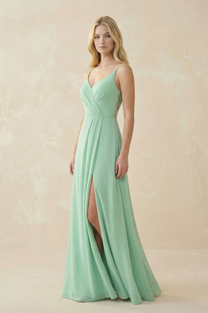V-Neck Ruched Chiffon Bridesmaid Dress with Slit in Pale Pistachio - KISS BRIDAL BRIDESMAID DRESSES