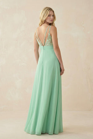 V-Neck Ruched Chiffon Bridesmaid Dress with Slit in Pale Pistachio - KISS BRIDAL BRIDESMAID DRESSES