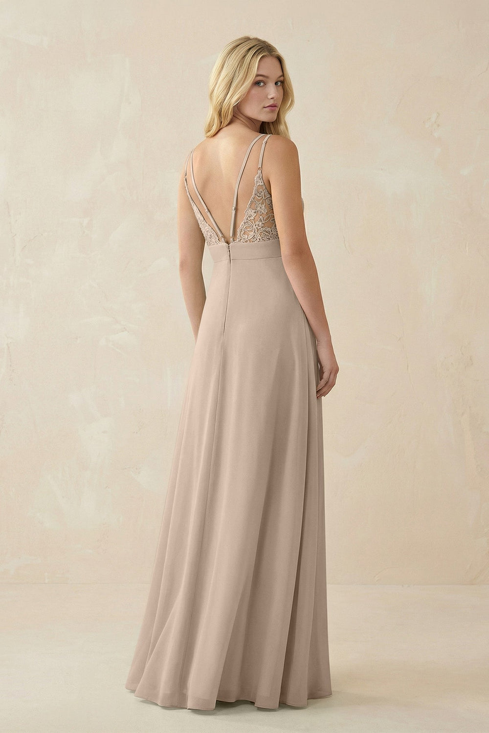 V - Neck Ruched Chiffon Bridesmaid Dress with Slit in Almond - SHE IS ME Bridesmaid Dresses