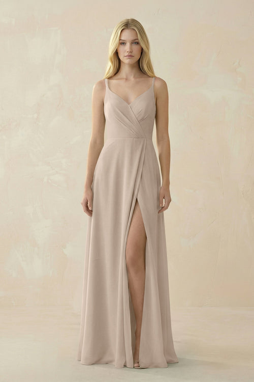 V - Neck Ruched Chiffon Bridesmaid Dress with Slit in Almond - SHE IS ME Bridesmaid Dresses