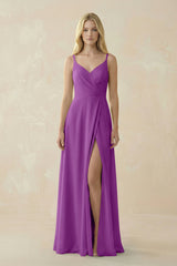V - Neck Ruched Chiffon Bridesmaid Dress with Slit in Amethyst - KISS BRIDAL Bridesmaid Dresses