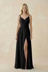 V - Neck Ruched Chiffon Bridesmaid Dress with Slit in Black - KISS BRIDAL Bridesmaid Dresses