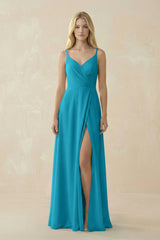 V - Neck Ruched Chiffon Bridesmaid Dress with Slit in Blue Jay - KISS BRIDAL Bridesmaid Dresses