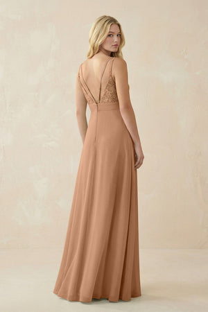 V - Neck Ruched Chiffon Bridesmaid Dress with Slit in Bronzer - SHE IS ME Bridesmaid Dresses