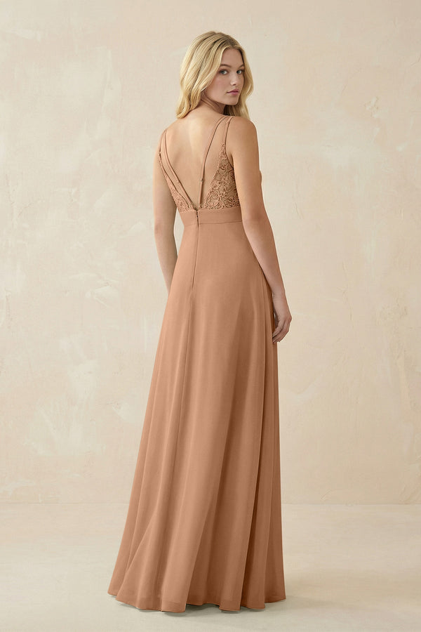 V - Neck Ruched Chiffon Bridesmaid Dress with Slit in Bronzer - SHE IS ME Bridesmaid Dresses
