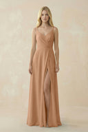 V - Neck Ruched Chiffon Bridesmaid Dress with Slit in Bronzer - SHE IS ME Bridesmaid Dresses