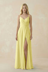 V - Neck Ruched Chiffon Bridesmaid Dress with Slit in Buttercup - KISS BRIDAL Bridesmaid Dresses