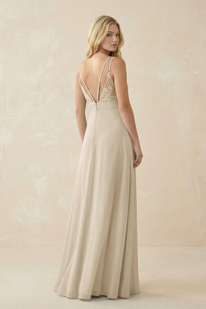 V - Neck Ruched Chiffon Bridesmaid Dress with Slit in Champagne - SHE IS ME Bridesmaid Dresses