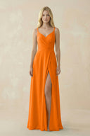 V - Neck Ruched Chiffon Bridesmaid Dress with Slit in Cinnamon - SHE IS ME Bridesmaid Dresses