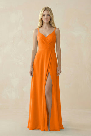 V - Neck Ruched Chiffon Bridesmaid Dress with Slit in Cinnamon - SHE IS ME Bridesmaid Dresses