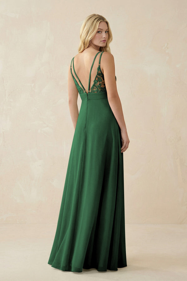V - Neck Ruched Chiffon Bridesmaid Dress with Slit in Dark Green - SHE IS ME Bridesmaid Dresses