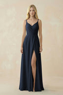 V - Neck Ruched Chiffon Bridesmaid Dress with Slit in Dark Navy - SHE IS ME Bridesmaid Dresses