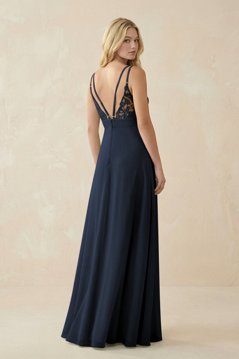 V - Neck Ruched Chiffon Bridesmaid Dress with Slit in Dark Navy - SHE IS ME Bridesmaid Dresses