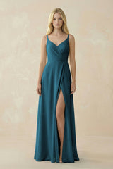 V - Neck Ruched Chiffon Bridesmaid Dress with Slit in Dark Teal - KISS BRIDAL Bridesmaid Dresses