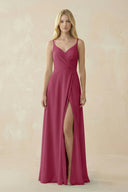 V - Neck Ruched Chiffon Bridesmaid Dress with Slit in Desert Rose - SHE IS ME Bridesmaid Dresses