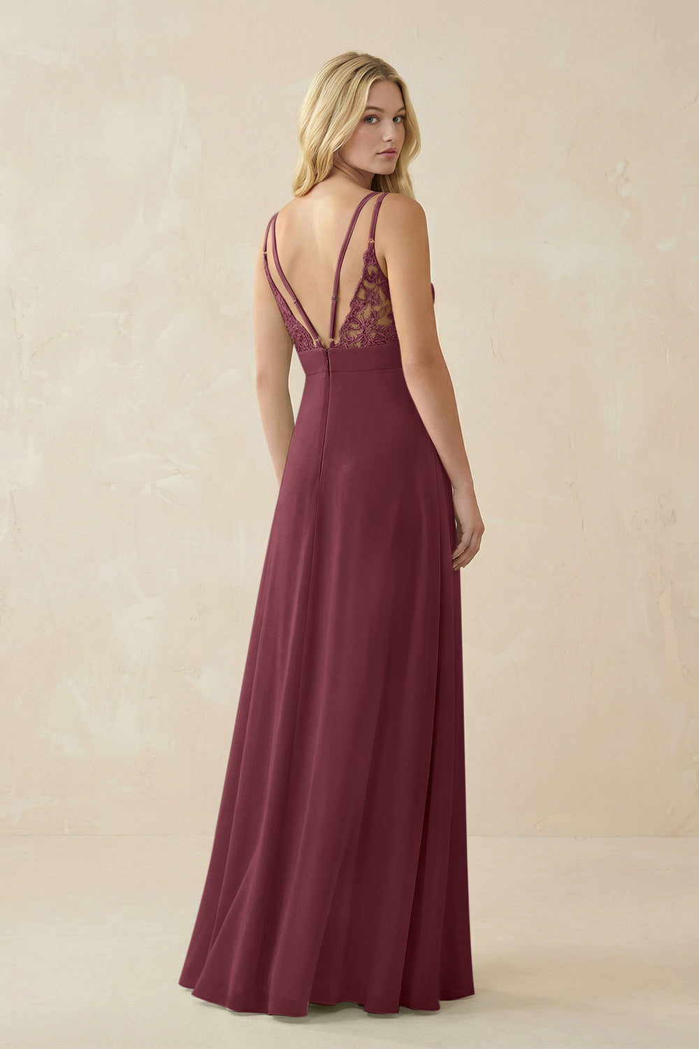 V-Neck Ruched Chiffon Bridesmaid Dress with Slit in Desert Rose
