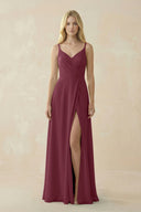 V-Neck Ruched Chiffon Bridesmaid Dress with Slit in Desert Rose | KISSBRIDAL