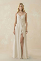V - Neck Ruched Chiffon Bridesmaid Dress with Slit in Dove Gray - KISS BRIDAL Bridesmaid Dresses