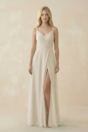 V - Neck Ruched Chiffon Bridesmaid Dress with Slit in Dove Gray - SHE IS ME Bridesmaid Dresses